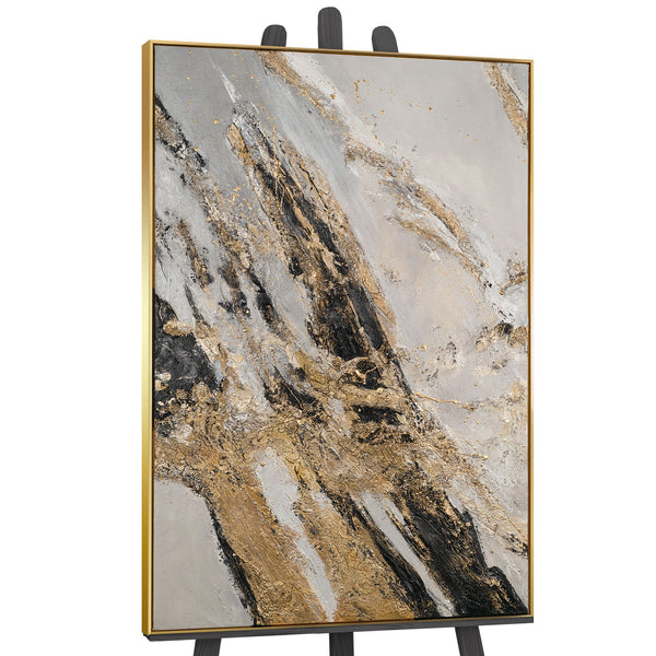 The painting "Golden Crack" is abstract energy in a marble-graphite palette