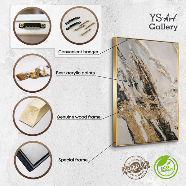 The painting "Golden Crack" is abstract energy in a marble-graphite palette
