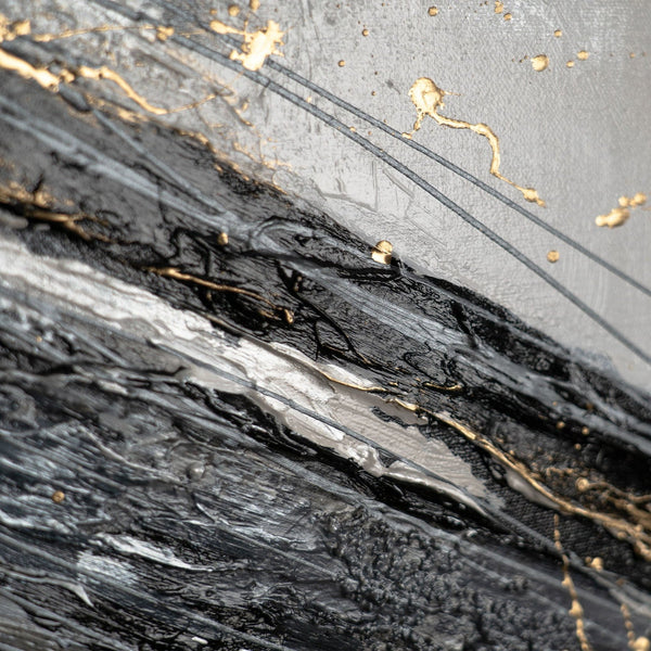 The painting "Lines in the Sand" is a dynamic abstraction in a gold-graphite palette