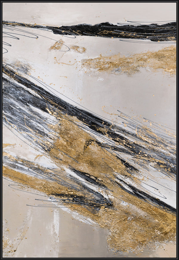 The painting "Lines in the Sand" is a dynamic abstraction in a gold-graphite palette