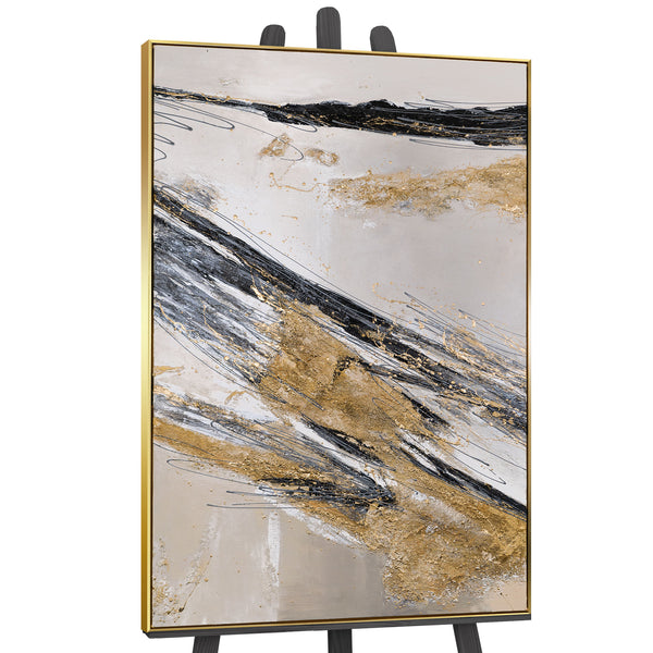 The painting "Lines in the Sand" is a dynamic abstraction in a gold-graphite palette