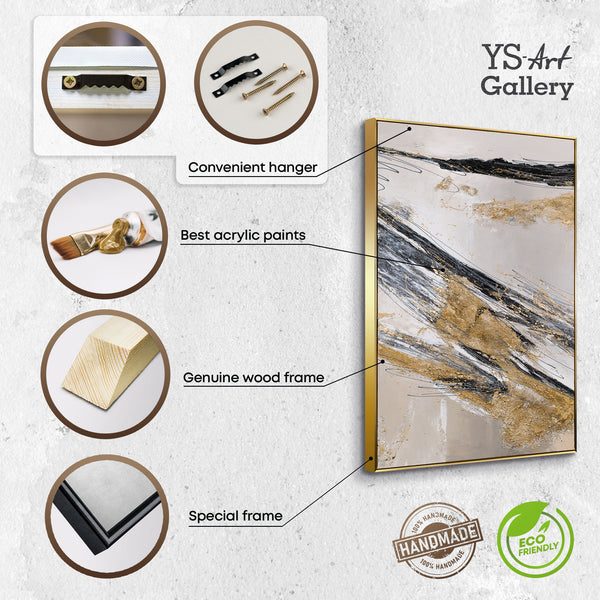 The painting "Lines in the Sand" is a dynamic abstraction in a gold-graphite palette