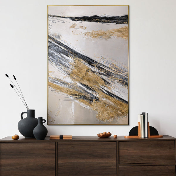The painting "Lines in the Sand" is a dynamic abstraction in a gold-graphite palette