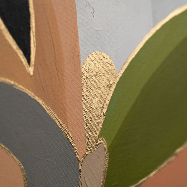 The painting "Magnolias at Sunset" is a floral abstraction with a warm character