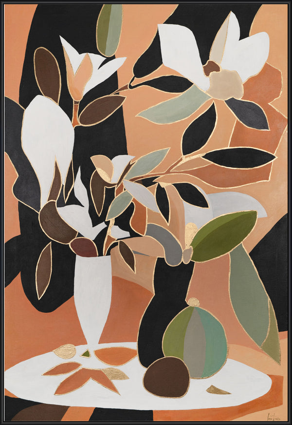 The painting "Magnolias at Sunset" is a floral abstraction with a warm character
