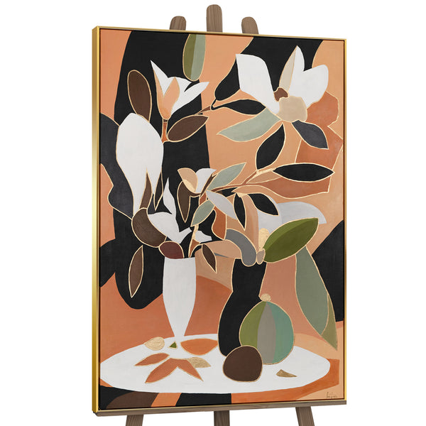 The painting "Magnolias at Sunset" is a floral abstraction with a warm character