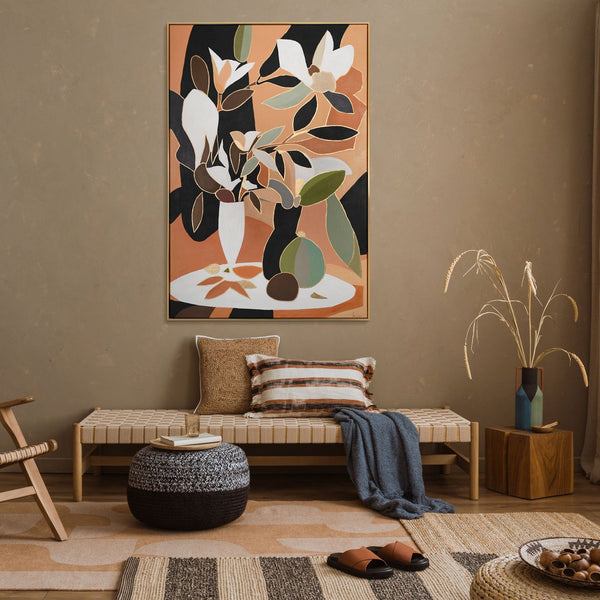 The painting "Magnolias at Sunset" is a floral abstraction with a warm character