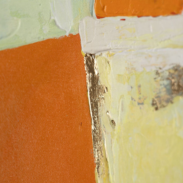 The painting "Sunny Suburbs" is an abstraction with architectural motifs