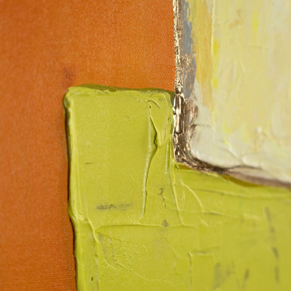 The painting "Sunny Suburbs" is an abstraction with architectural motifs