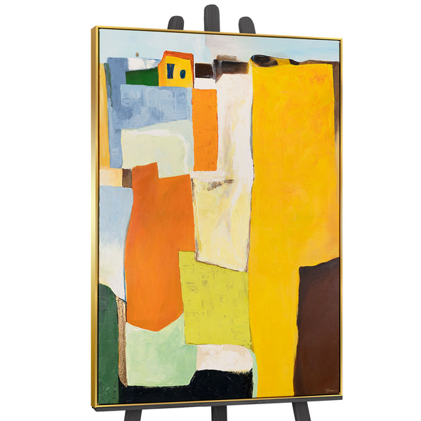 The painting "Sunny Suburbs" is an abstraction with architectural motifs