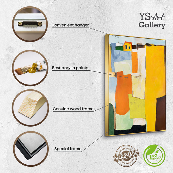 The painting "Sunny Suburbs" is an abstraction with architectural motifs