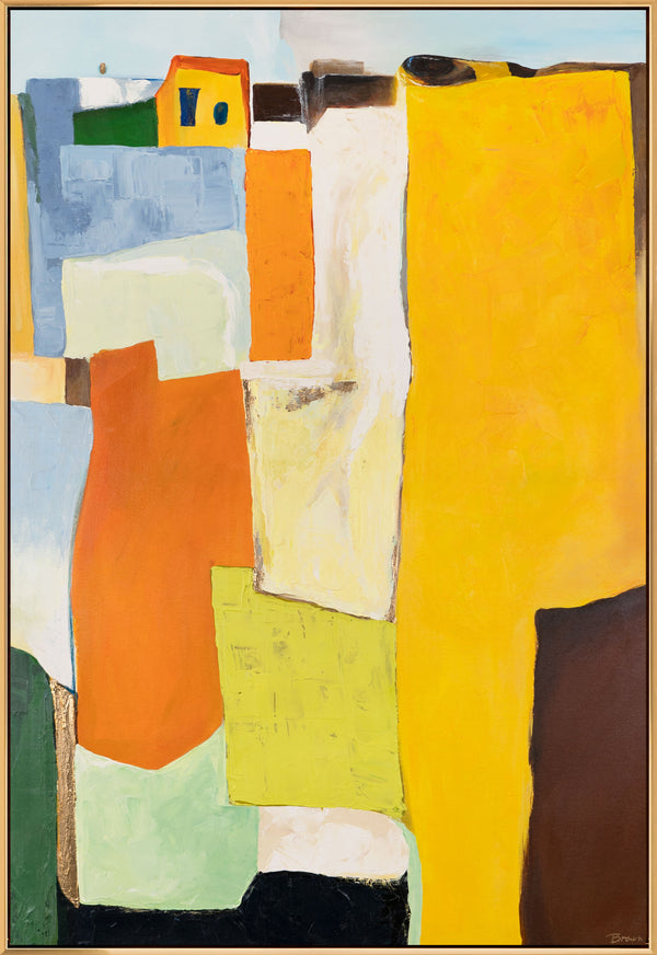 The painting "Sunny Suburbs" is an abstraction with architectural motifs