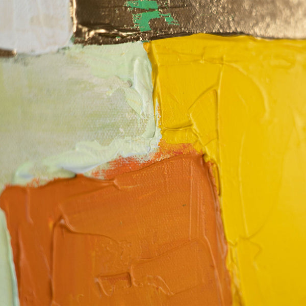 The painting "City Puzzle" is a geometric abstraction in warm colors