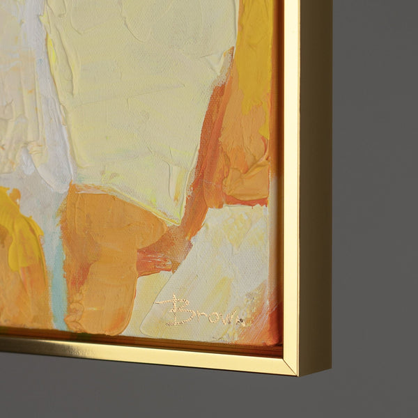 The painting "City Puzzle" is a geometric abstraction in warm colors