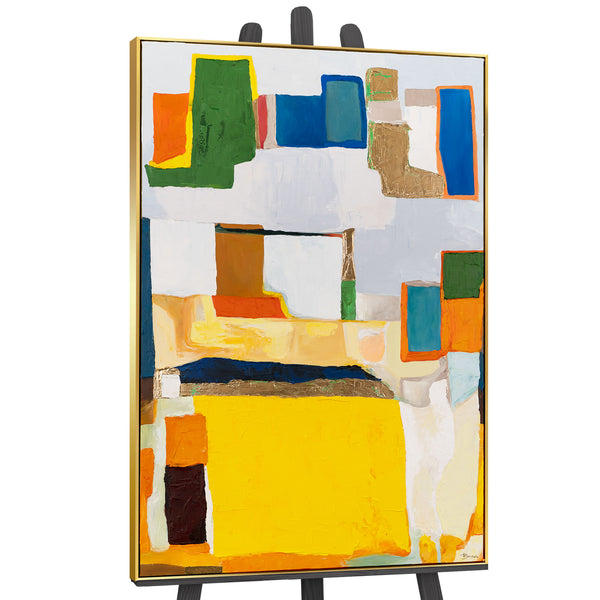 The painting "City Puzzle" is a geometric abstraction in warm colors