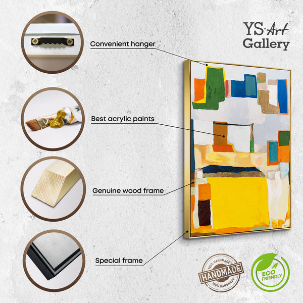 The painting "City Puzzle" is a geometric abstraction in warm colors