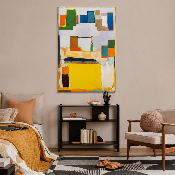 The painting "City Puzzle" is a geometric abstraction in warm colors
