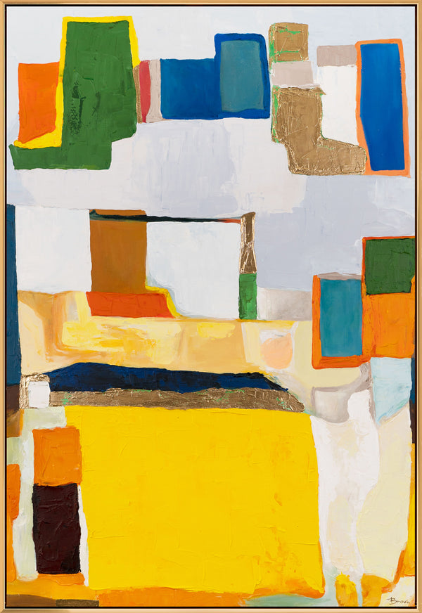 The painting "City Puzzle" is a geometric abstraction in warm colors