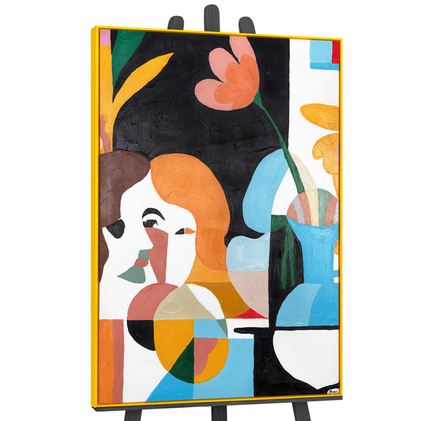 The painting "Dialogue in Colors" is a modern figurative abstraction with floral elements