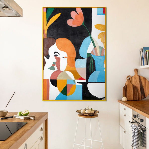 The painting "Dialogue in Colors" is a modern figurative abstraction with floral elements