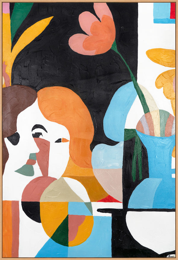 The painting "Dialogue in Colors" is a modern figurative abstraction with floral elements