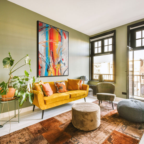 The painting "Color Pulse" is an abstract vertical burst of energy