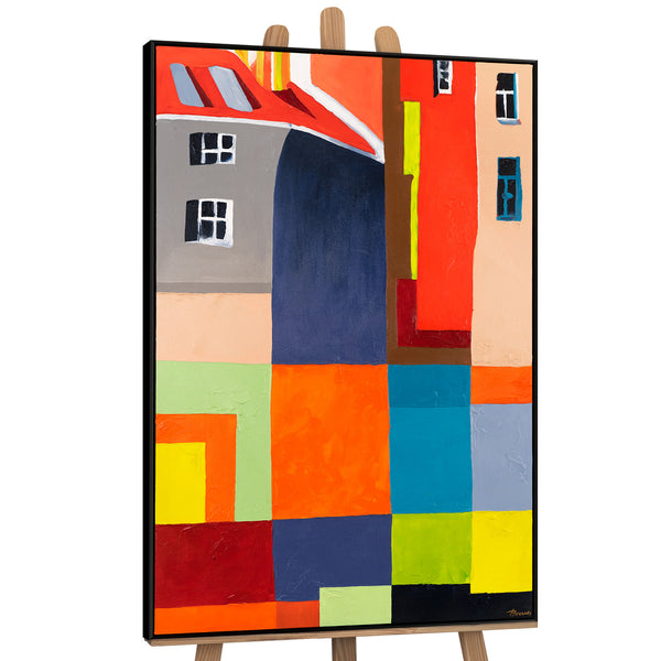 The painting "City in Color" is a bright geometric abstraction with architectural motifs