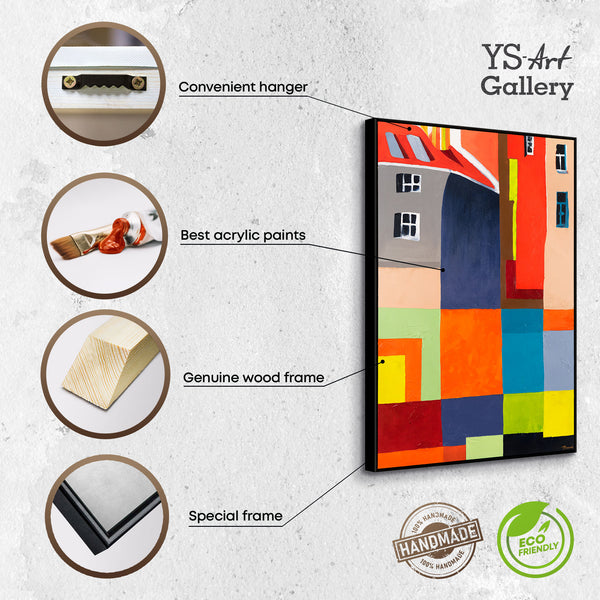The painting "City in Color" is a bright geometric abstraction with architectural motifs