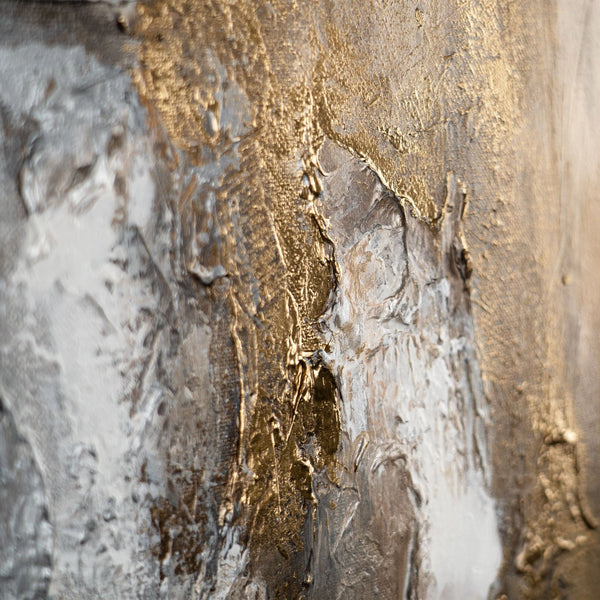 The painting "Traces of Time" is a vertical abstraction with charcoal-gray and bronze-gold tints.