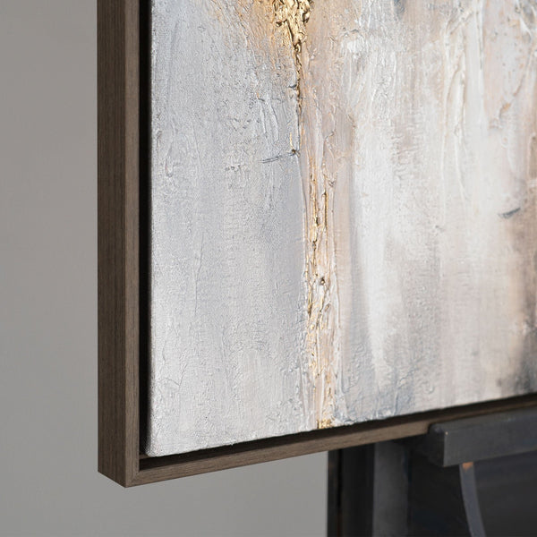 The painting "Traces of Time" is a vertical abstraction with charcoal-gray and bronze-gold tints.