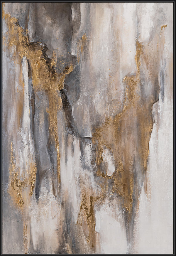 The painting "Traces of Time" is a vertical abstraction with charcoal-gray and bronze-gold tints.
