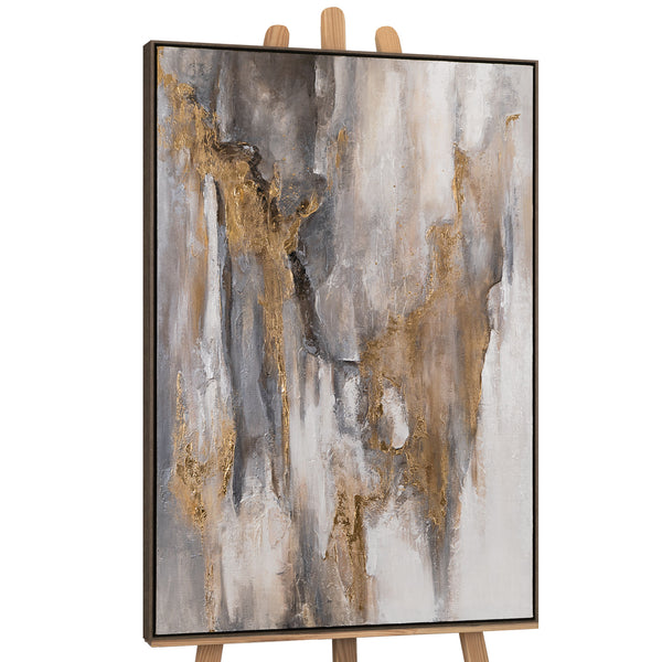 The painting "Traces of Time" is a vertical abstraction with charcoal-gray and bronze-gold tints.