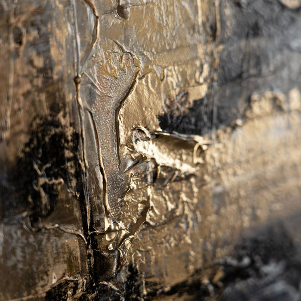 The painting "Cave of Thoughts" is a horizontal abstraction in earthy and graphite tones.
