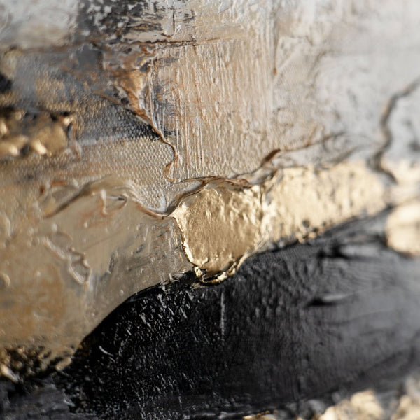 The painting "Cave of Thoughts" is a horizontal abstraction in earthy and graphite tones.