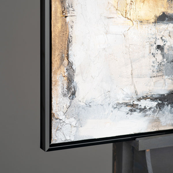 The painting "Cave of Thoughts" is a horizontal abstraction in earthy and graphite tones.