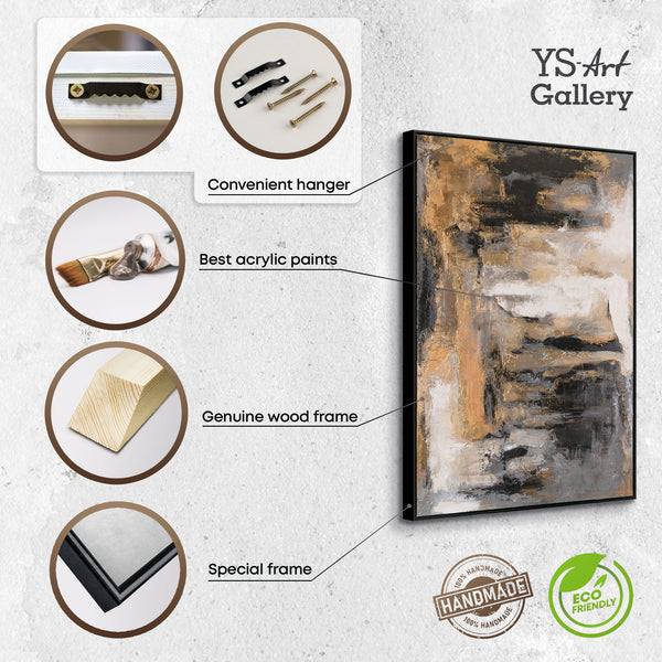 The painting "Cave of Thoughts" is a horizontal abstraction in earthy and graphite tones.