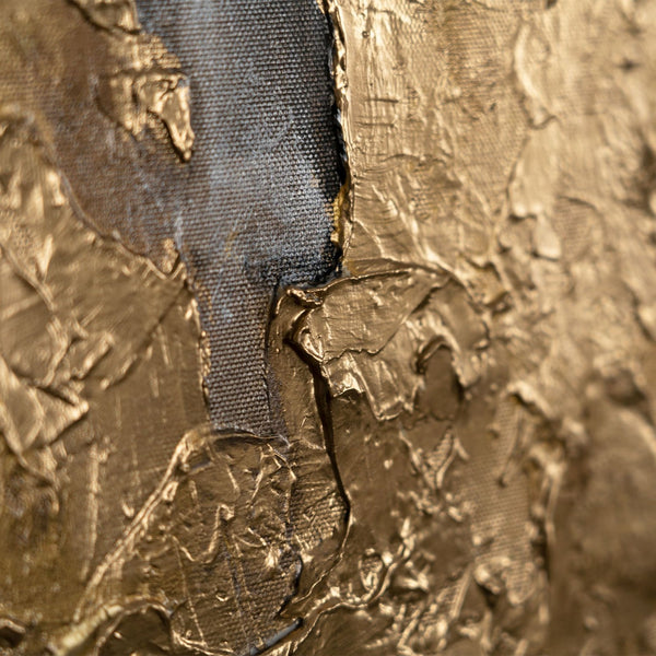 The painting "Presence of Form" is a vertical abstraction with warm golden-graphite accents