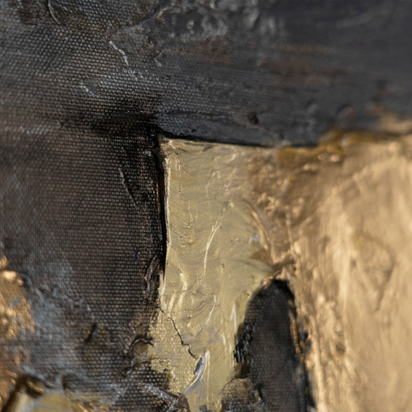 The painting "Presence of Form" is a vertical abstraction with warm golden-graphite accents