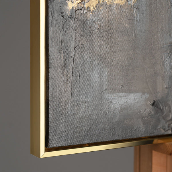 The painting "Presence of Form" is a vertical abstraction with warm golden-graphite accents