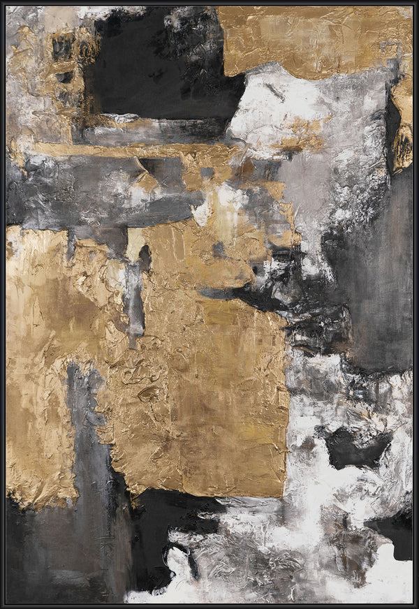 The painting "Presence of Form" is a vertical abstraction with warm golden-graphite accents
