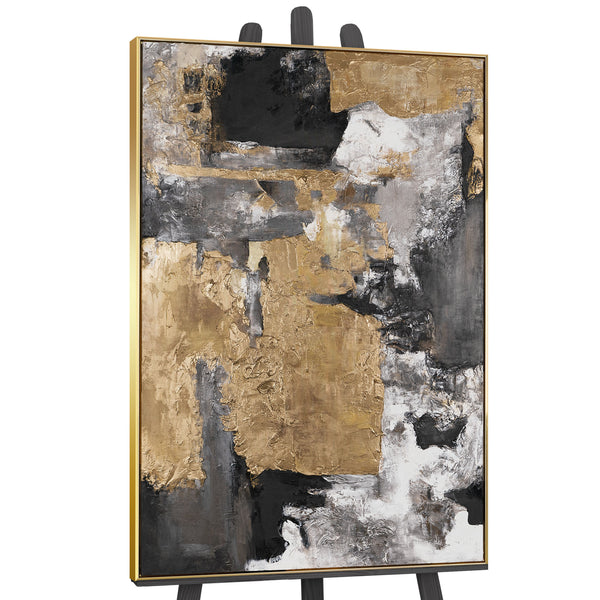The painting "Presence of Form" is a vertical abstraction with warm golden-graphite accents