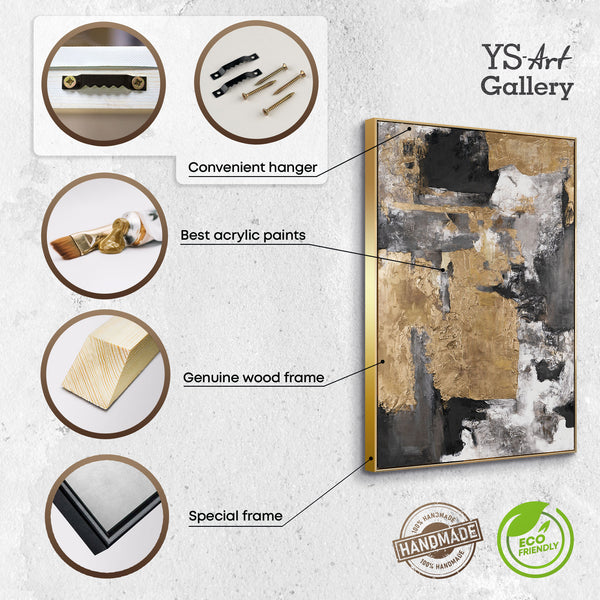 The painting "Presence of Form" is a vertical abstraction with warm golden-graphite accents