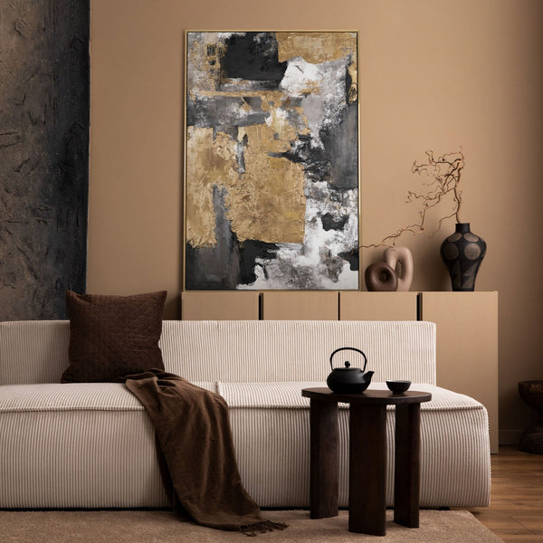The painting "Presence of Form" is a vertical abstraction with warm golden-graphite accents