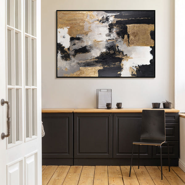 The painting "The Power of Moment" is a horizontal abstraction with contrasting energy.