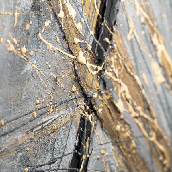 The painting "Golden Line" is a modern vertical abstraction with dynamic strokes
