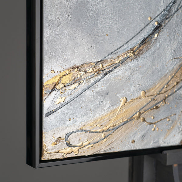 The painting "Golden Line" is a modern vertical abstraction with dynamic strokes