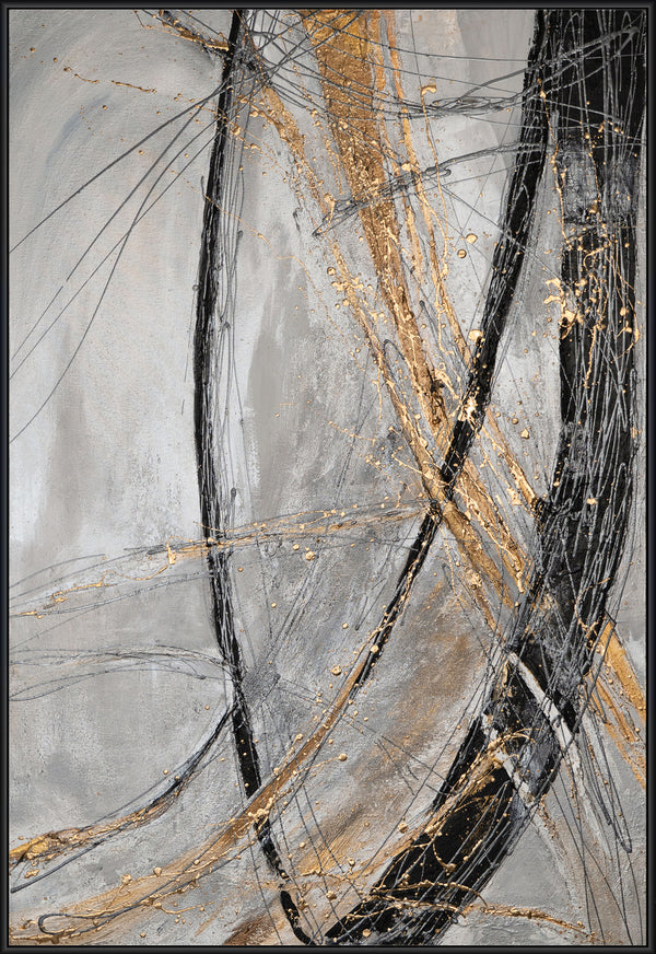 The painting "Golden Line" is a modern vertical abstraction with dynamic strokes