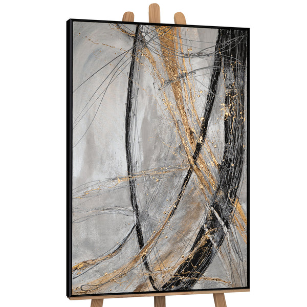 The painting "Golden Line" is a modern vertical abstraction with dynamic strokes