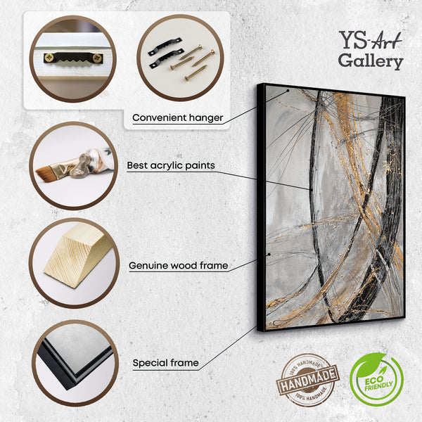 The painting "Golden Line" is a modern vertical abstraction with dynamic strokes