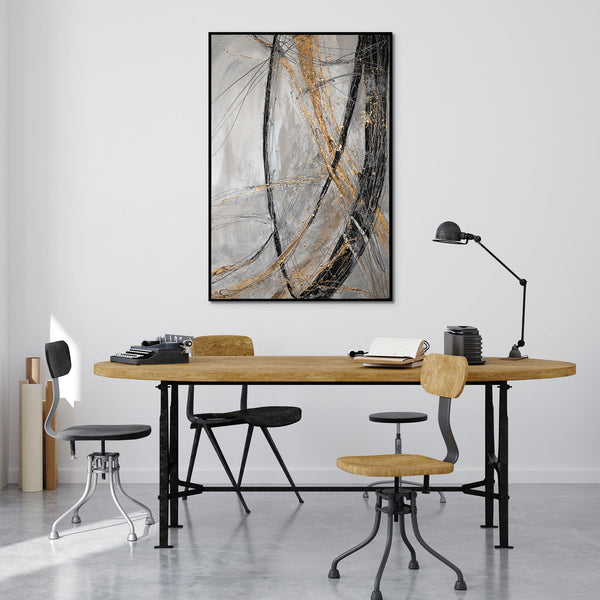 The painting "Golden Line" is a modern vertical abstraction with dynamic strokes